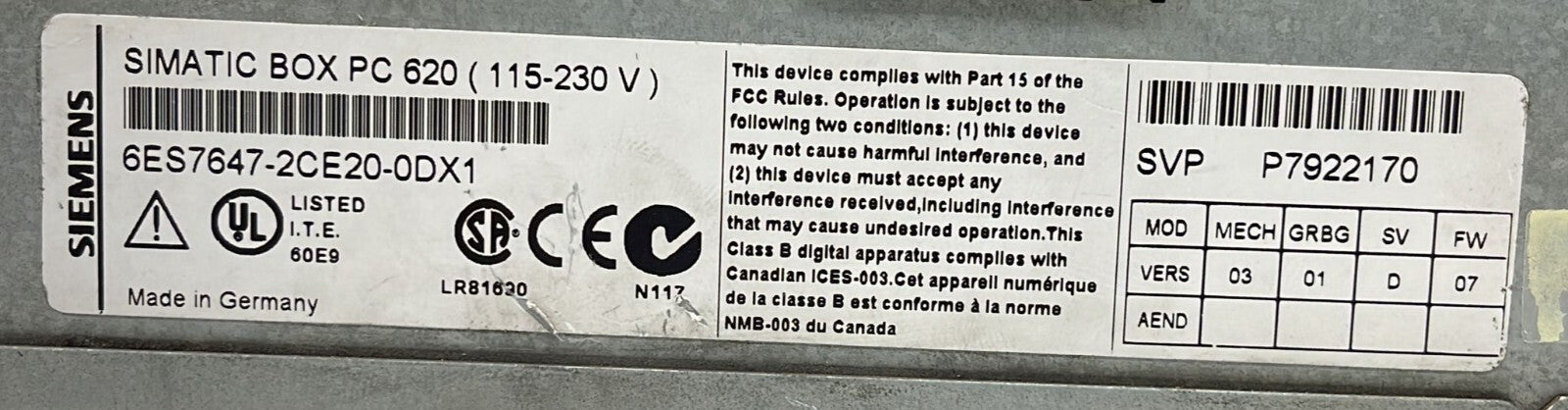 SIEMENS SIMATIC BOX PC 620 6ES7647-2CE20-0DX1 **AS-IS**