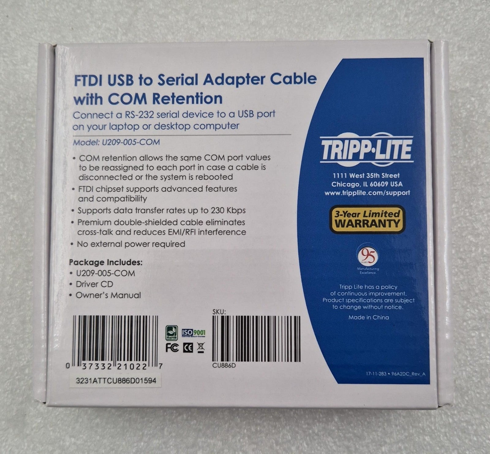 LOT 8- TRIPP-LITE FTDI USB to Serial Adapter Cable W/ COM Retention U209-005-COM