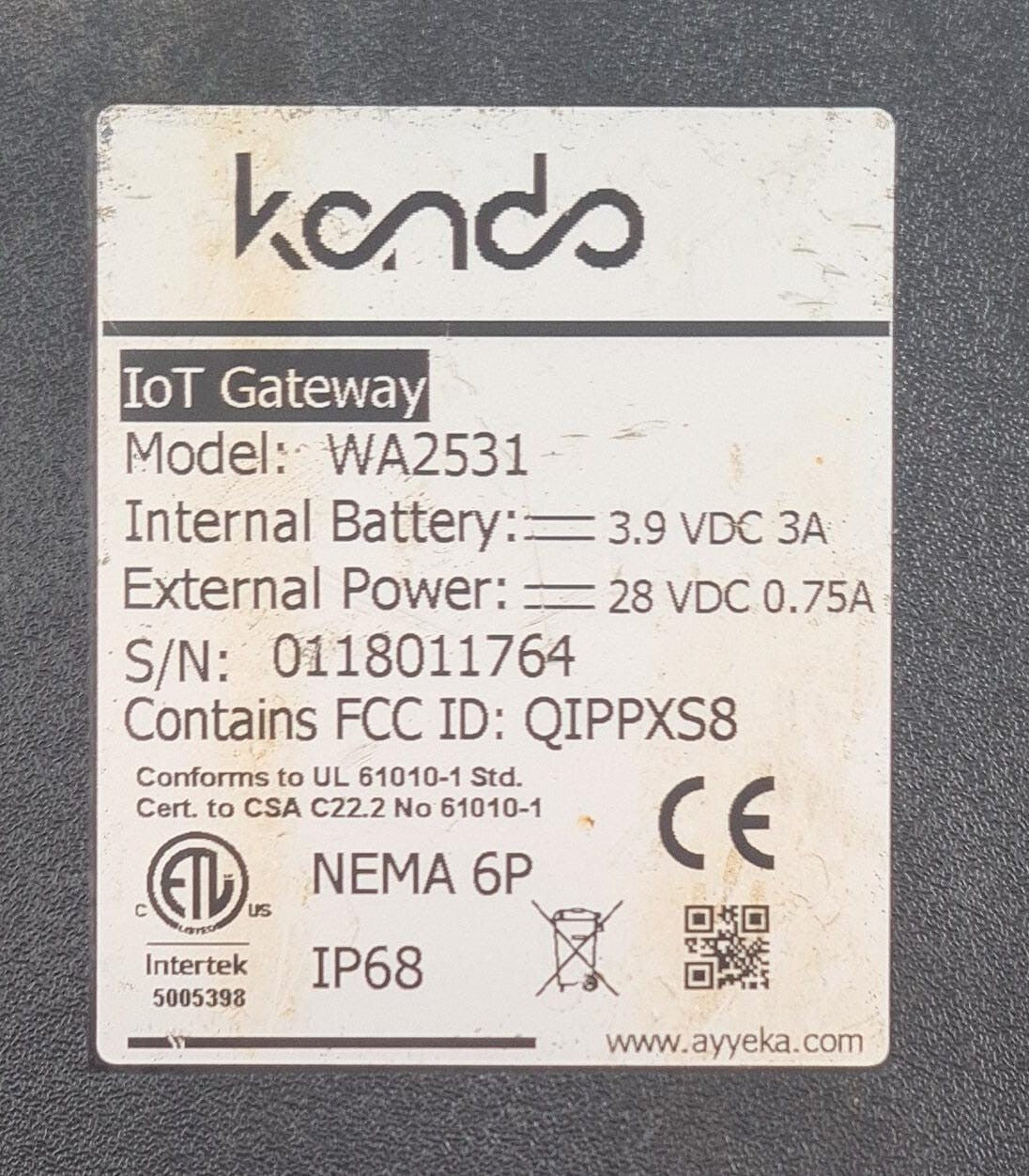 AYYEKA KENDRA IoT Gateway WA2531 QIPPLS8 NEMA 6P Wavelet