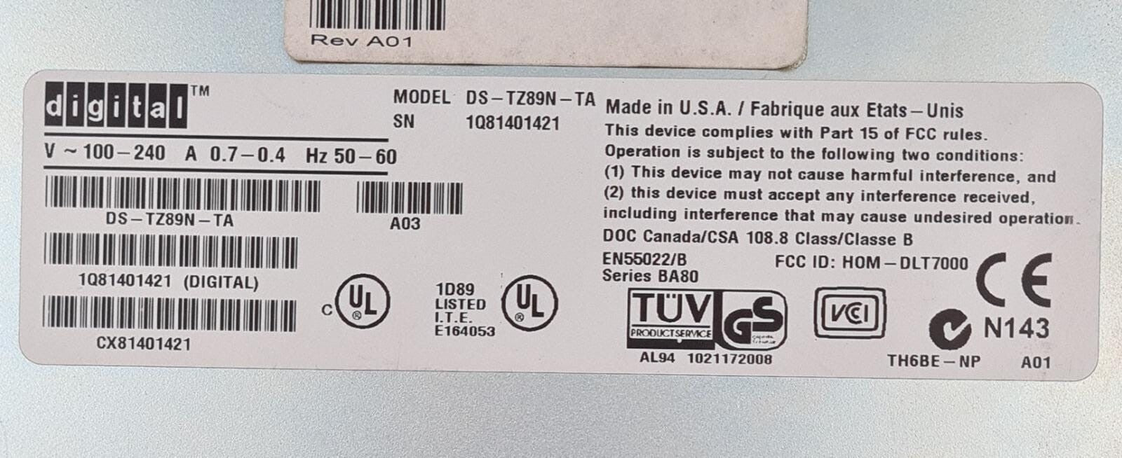 Digital DLT DS-TZ89N-TA DLT7000 SCSI External Tabletop Drive Module