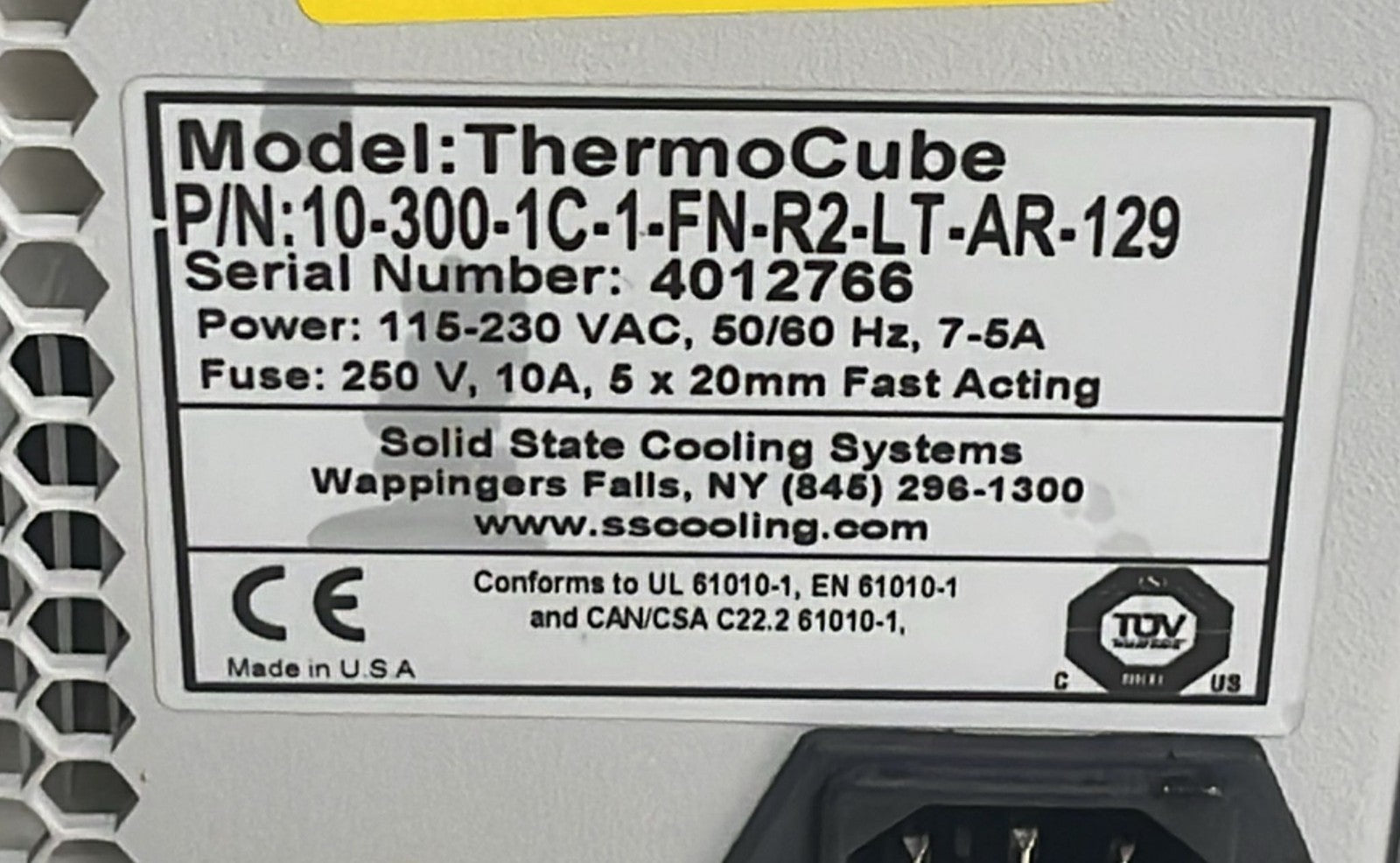 ThermoCube model label 10-300-1C-1-FN-R2-LT-AR-129 close-up