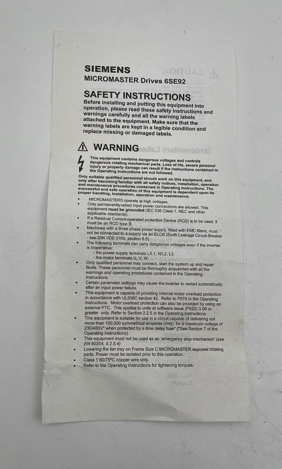 Siemens 6SE9212-1BA40 Micromaster 6SE92 370W 208/240 4.6A