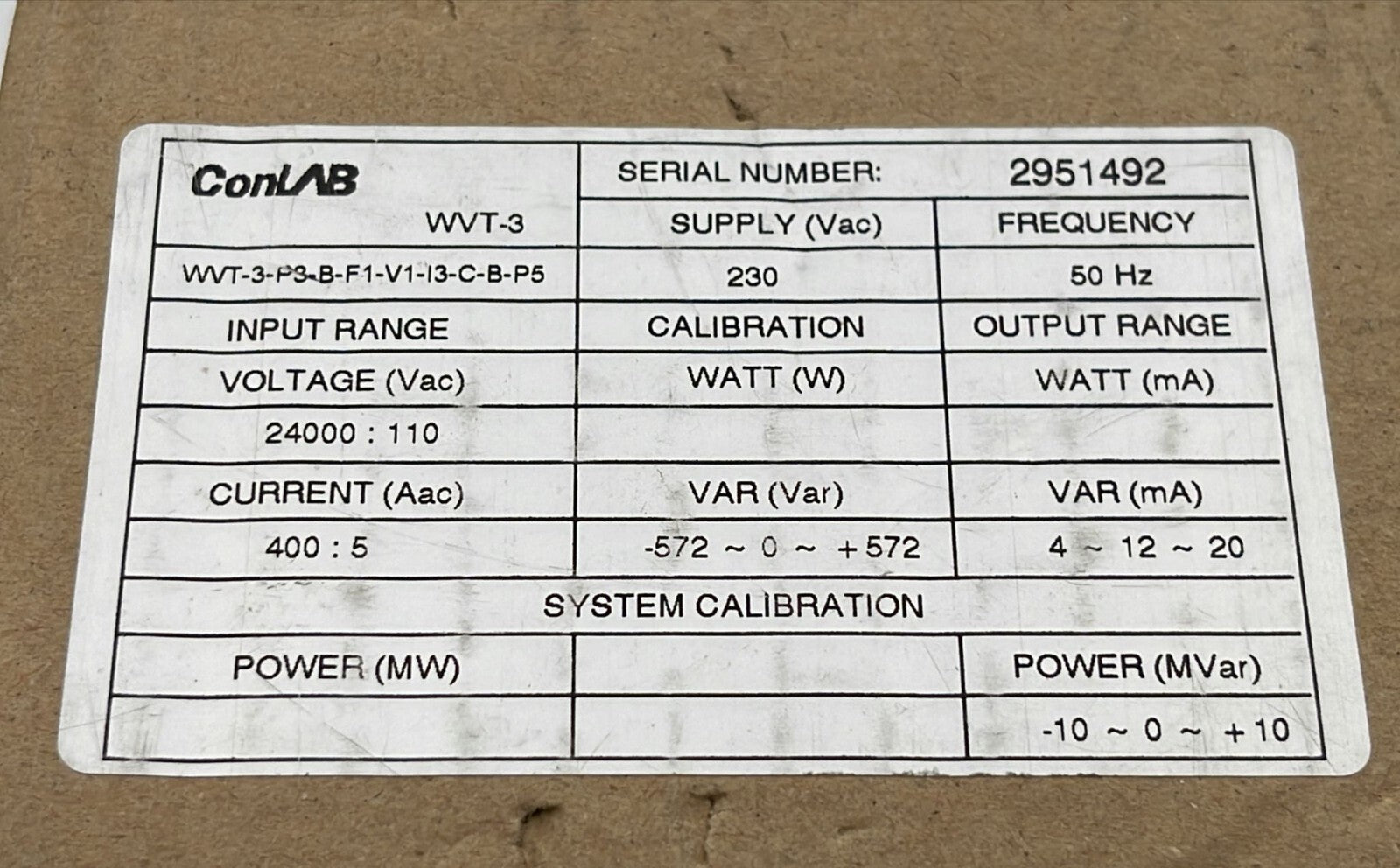 ConLAB WVT-3 WATT / VAR Transducer 230V 50Hz
