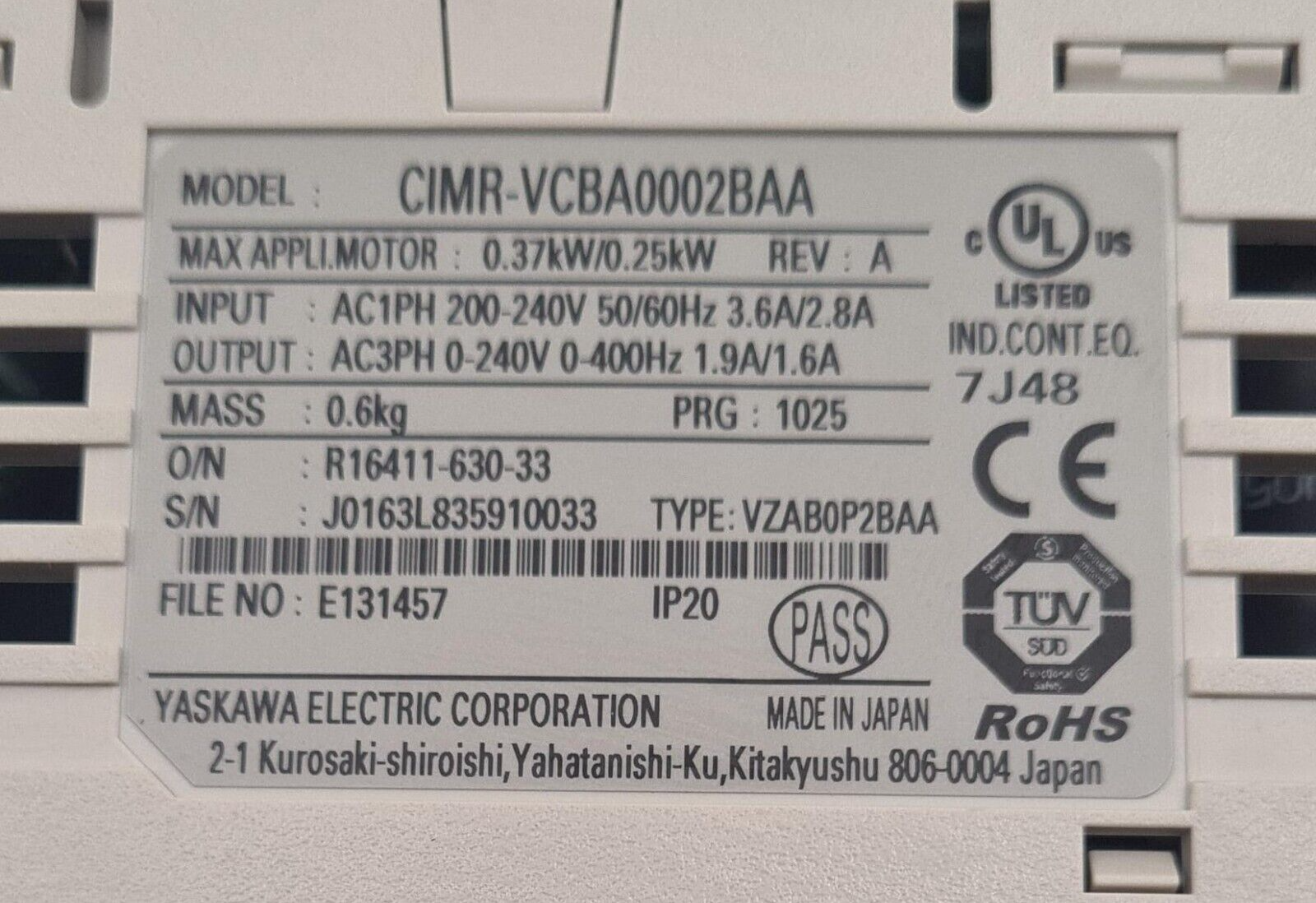 YASKAWA V1000 Frequency Inverter CIMR-VCBA0002BAA VZAB0P2BAA 0.37 / 0.25kW 200V