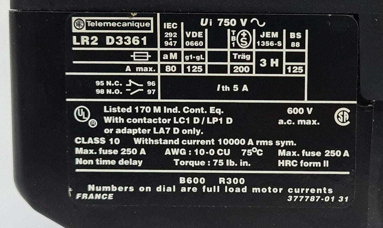 Telemecanique Thermal Overload Relay LR2 D33 Type LR2D3361