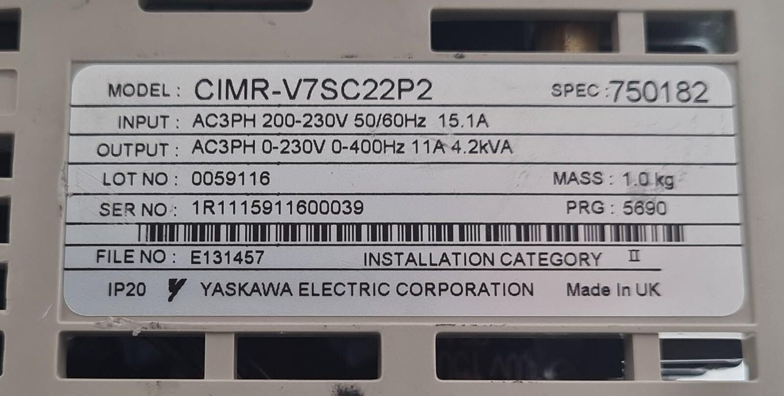 YASKAWA LV CIMR-V7SC22P2 A53610098 GEN3 INVERTER ASSEMBLY 200V 3PH 2.2KW E131457