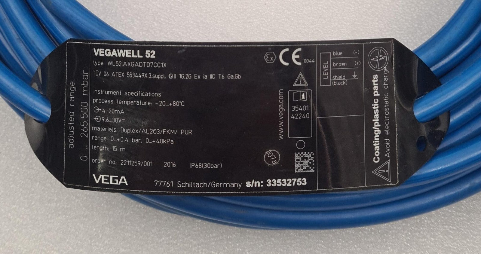 VEGA VEGAWELL52 WL52 Submersible Pressure Transmitter 15m cable AXGADTD7CC1X