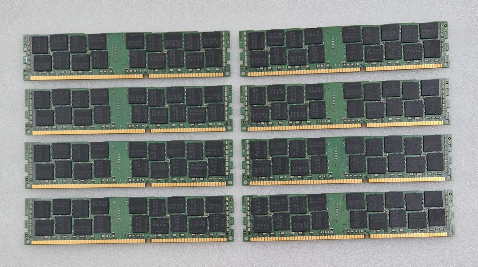 Eight Samsung 16GB server RAM modules grouped together