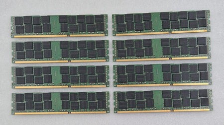 Eight Samsung 16GB server RAM modules grouped together