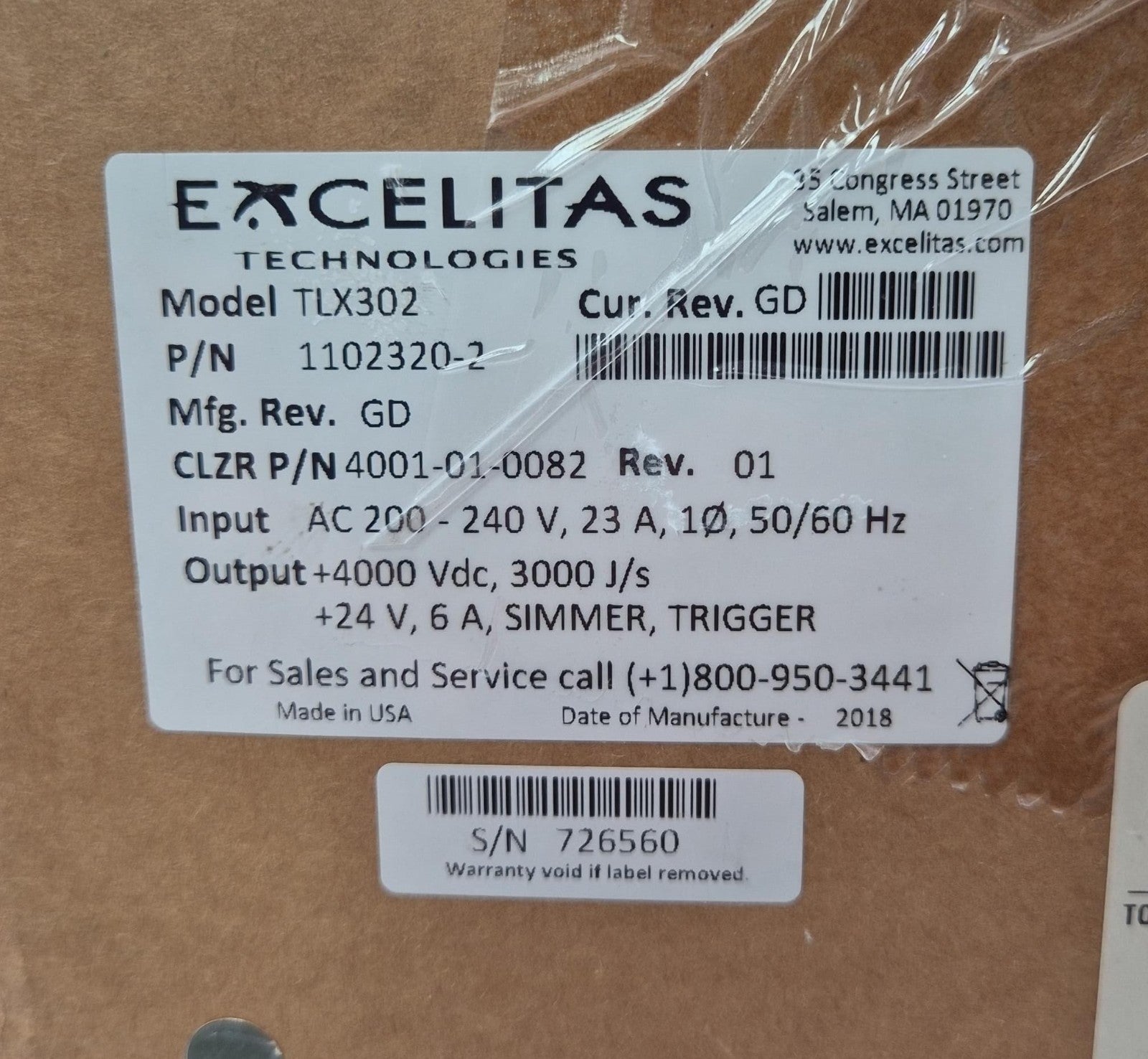 EXCELITAS TLX302 1102320-2 4001-01-0082 Power Supply HVPS 200-240V for Candela