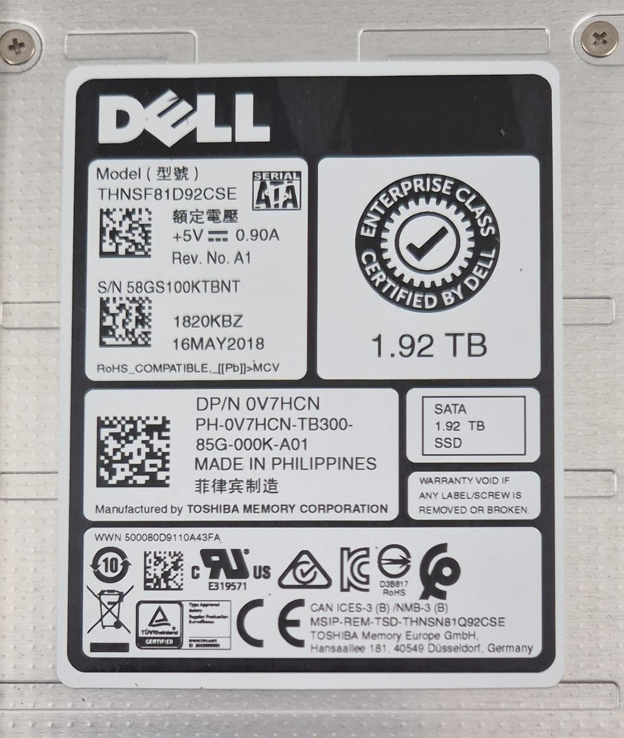 Dell 0V7HCN 1.92TB SATA 2.5 inch enterprise solid state drive THNSF81D92CSE with Dell server tray