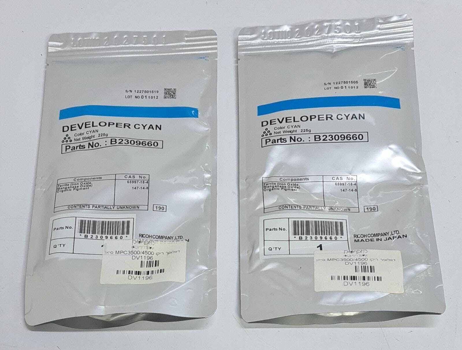 [LOT 2] NEW - Ricoh Developer Cyan B2309660 MPC3500 MPC4500 DV1196 225g Ink