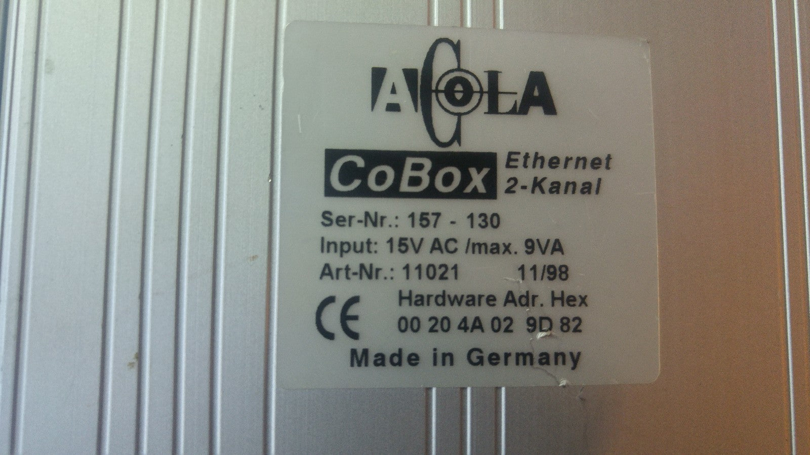 Acola CoBox Ethernet 2 Kanal 157 130 Hardware Adr Hex 00 20 4 A 02 9 D 82
