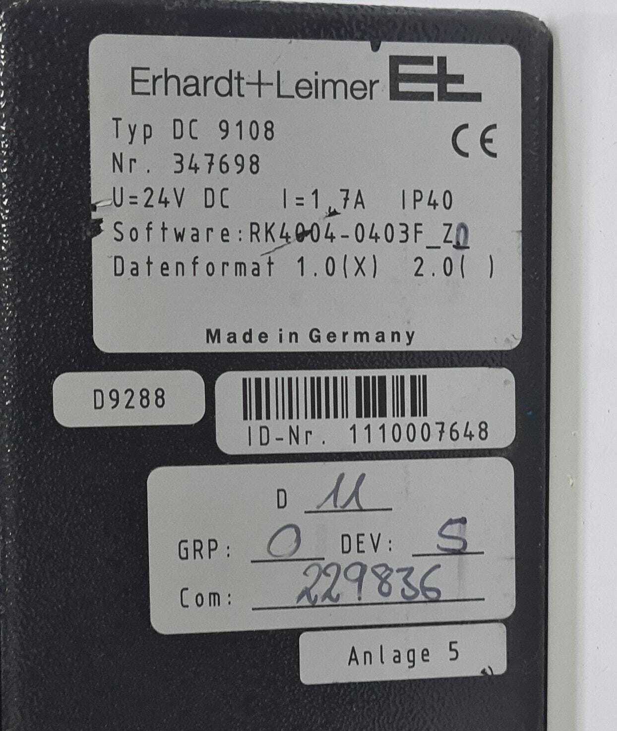 Erhardt+Leimer DC 9108 Nr. 347698 Control Box U=24v DC I=1.7A SW RK4004