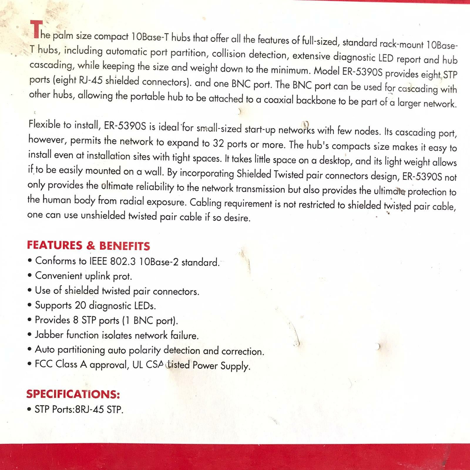 Edimax Technology Er 5390S 9 Port 10base T Ethernet Network Hub 10 Mbps