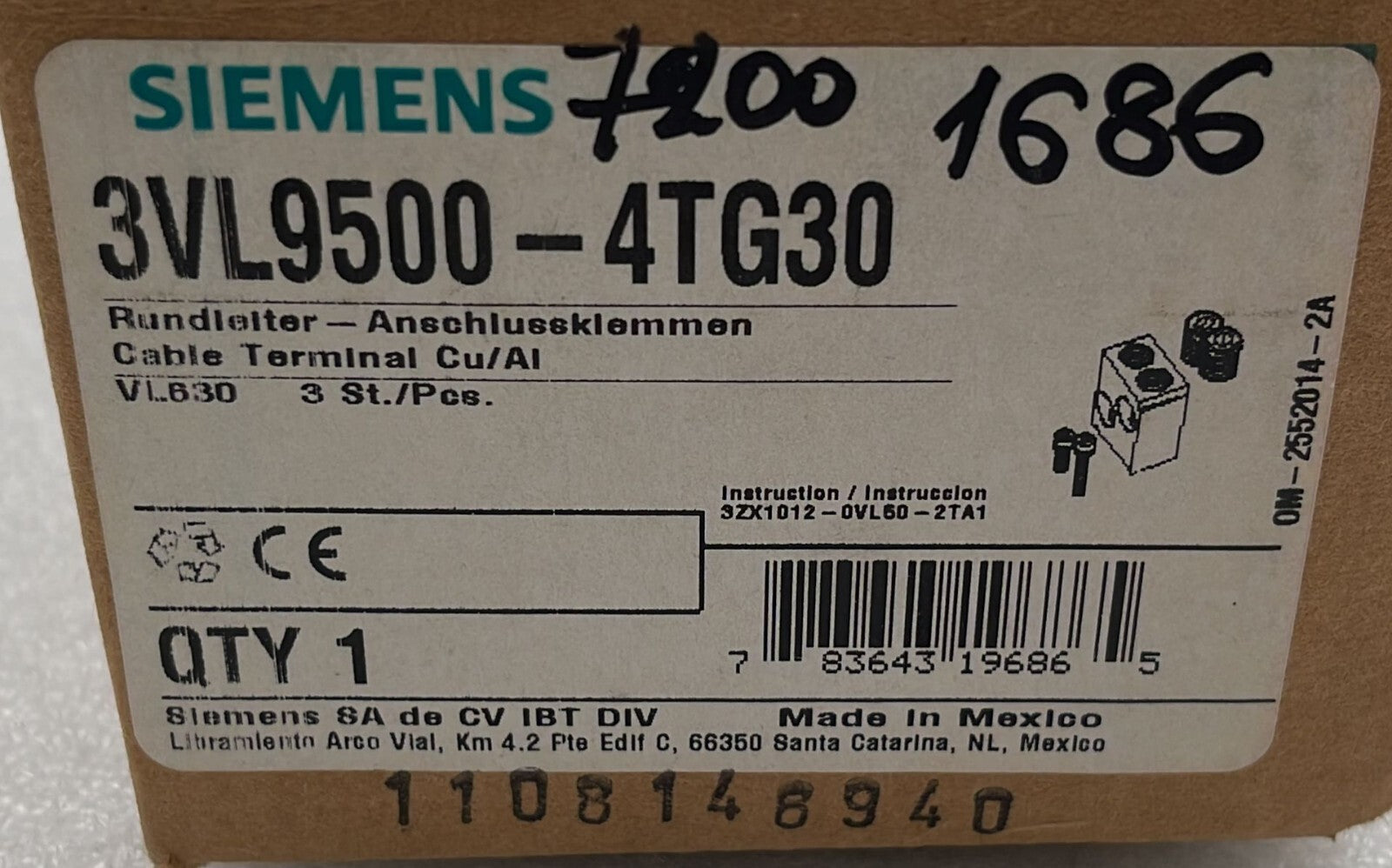 Siemens 3VL9500-4TG30 Cable Terminal Aluminum Lug Kit 3-in Pack