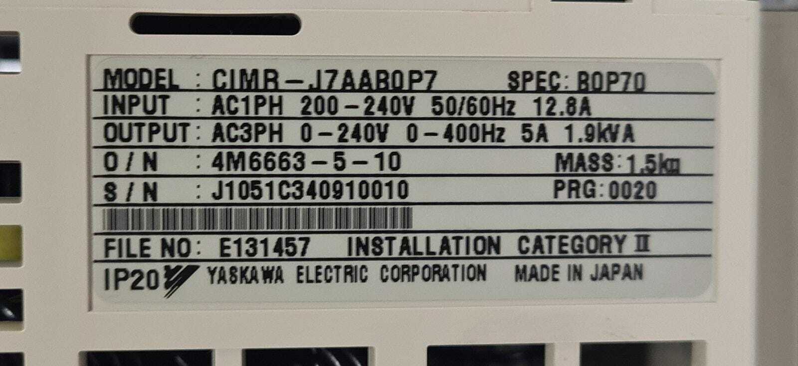 YASKAWA VS mini J7 CIMR-J7AAB0P7 Inverter Drive 200V Single Phase 0.75kW