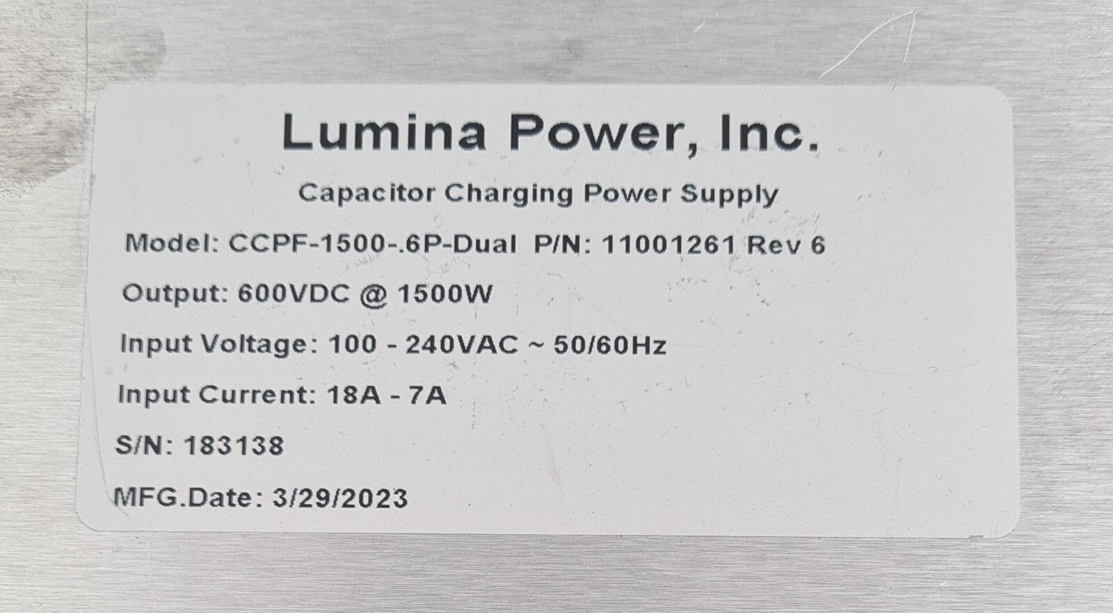 Lumina CCPF-1500-.6P 11001261 Capacitor Charging Power Supply 600V 1500W *AS-IS*