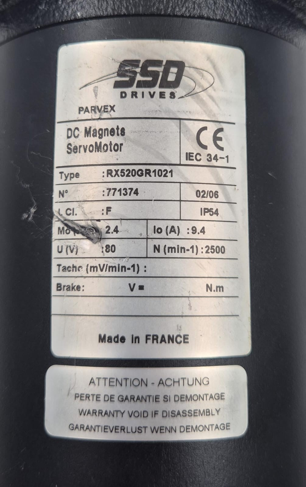 Parker Parvex SSD Drives DC Magnets ServoMotor RX520GR1021 / 771374