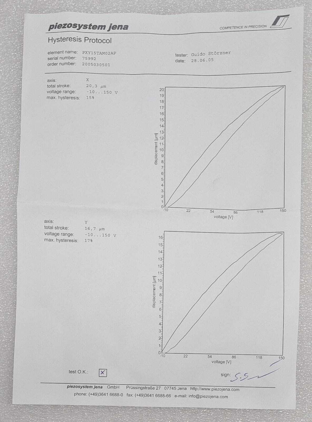 Piezosystem Jena S-011-14 PXY 15NV TWO AXIS PIEZOELEC DVC SENSOR