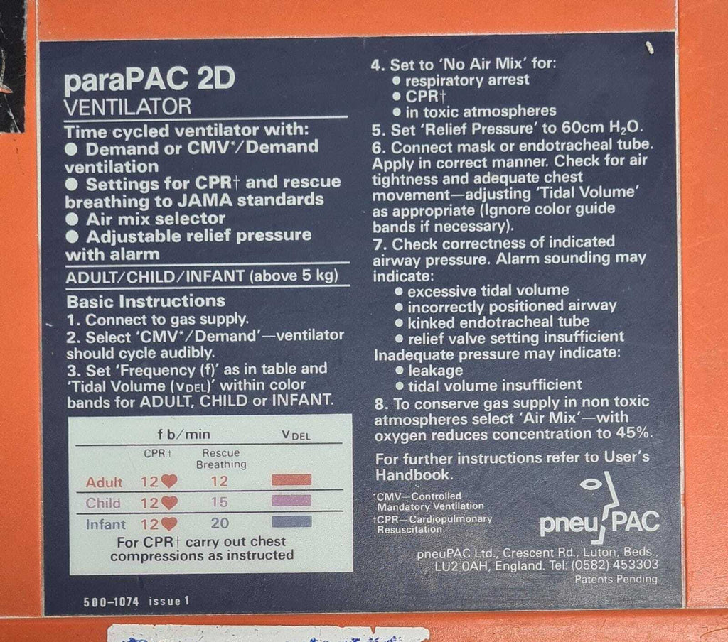PneuPAC paraPAC 2D VENTILATOR Ambulance / Transport **AS IS