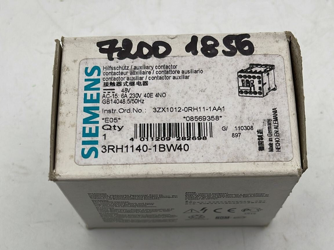 NEW - Siemens SIRIUS 3RH1140-1BW40 Auxiliary contactor 4A 230V 40E 4NO