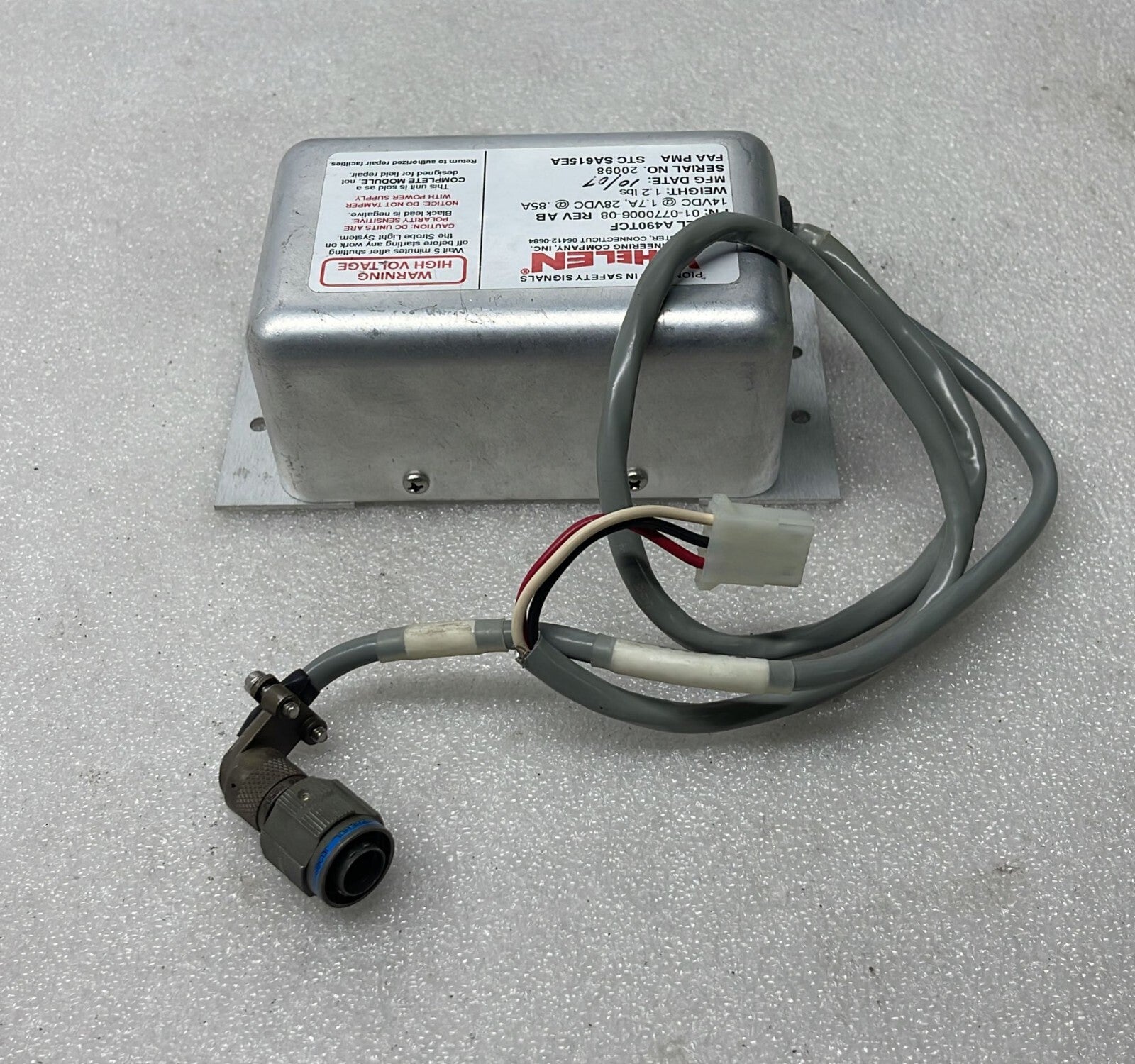 WHELEN A490TCF strobe power supply 01-0770006-08 with JD38999/26WA9 connector