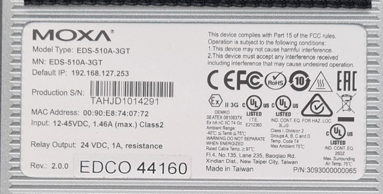 MOXA EDS-510A-3GT REV. 2.0.0 Ethernet Industrial Switch