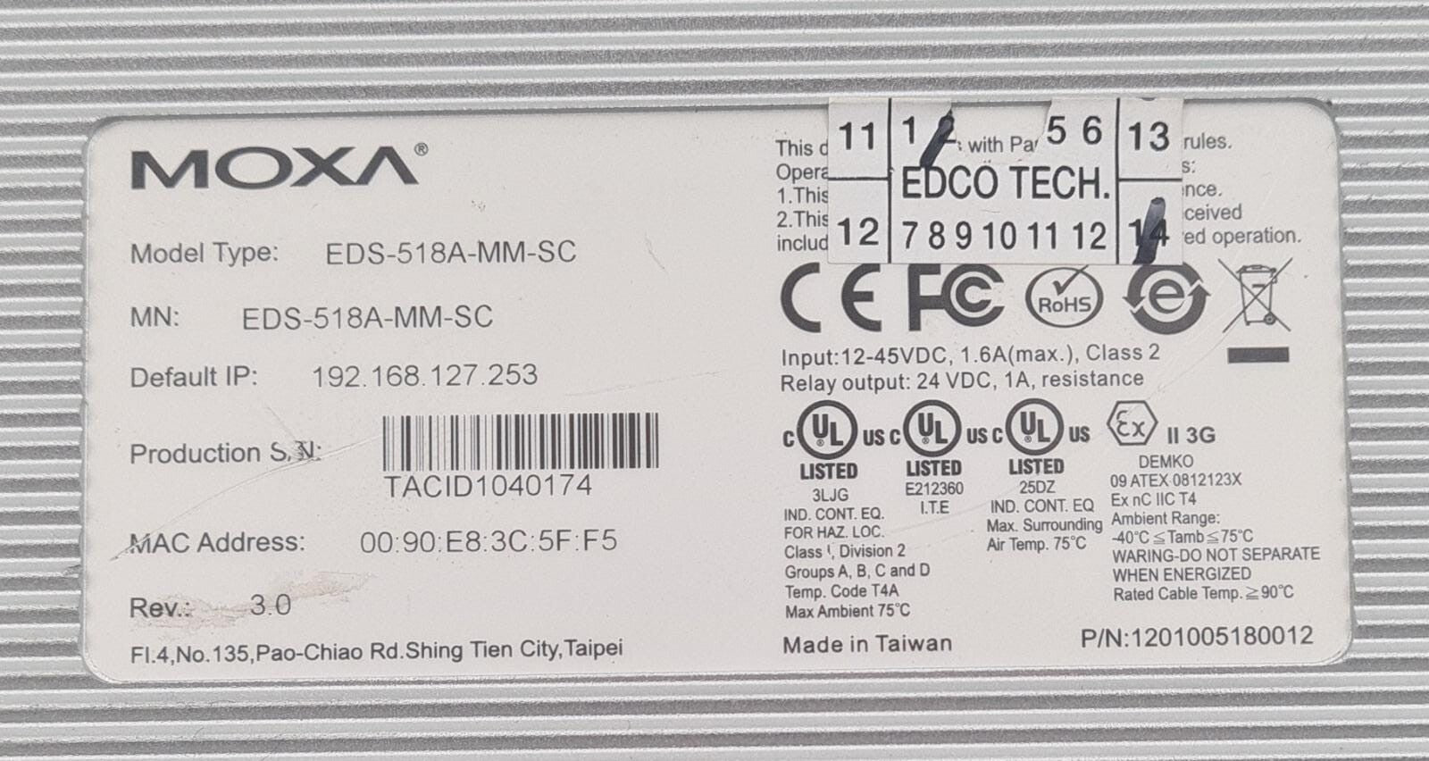 MOXA Turbo Chain EDS-518A-MM-SC Ethernet Industrial Switch 1201005180012