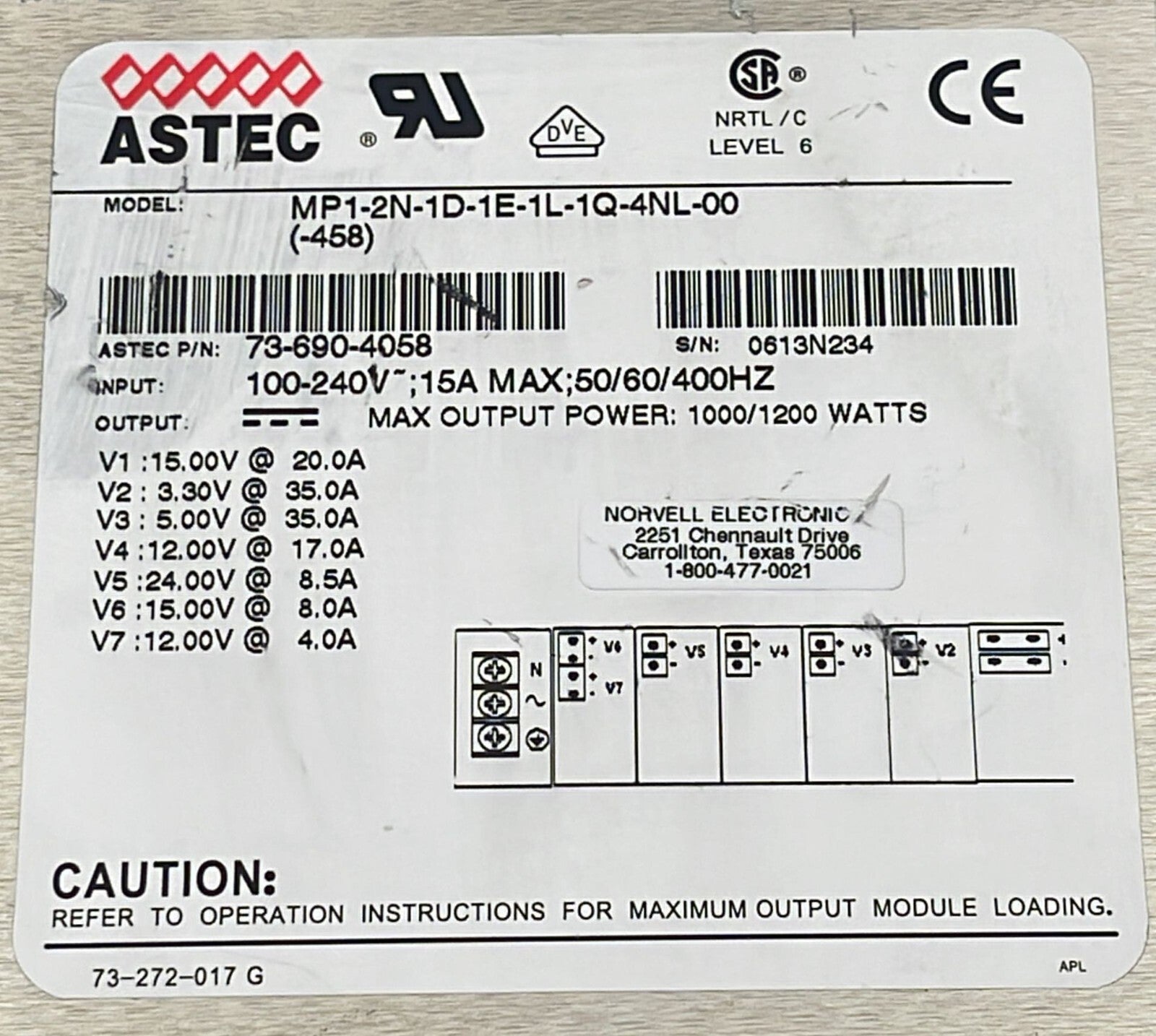 ASTEC MP1-2N-1D-1E-1L-1Q-4NL-00 Power Supply 73-690-4058 MVP Series 1000-1200W