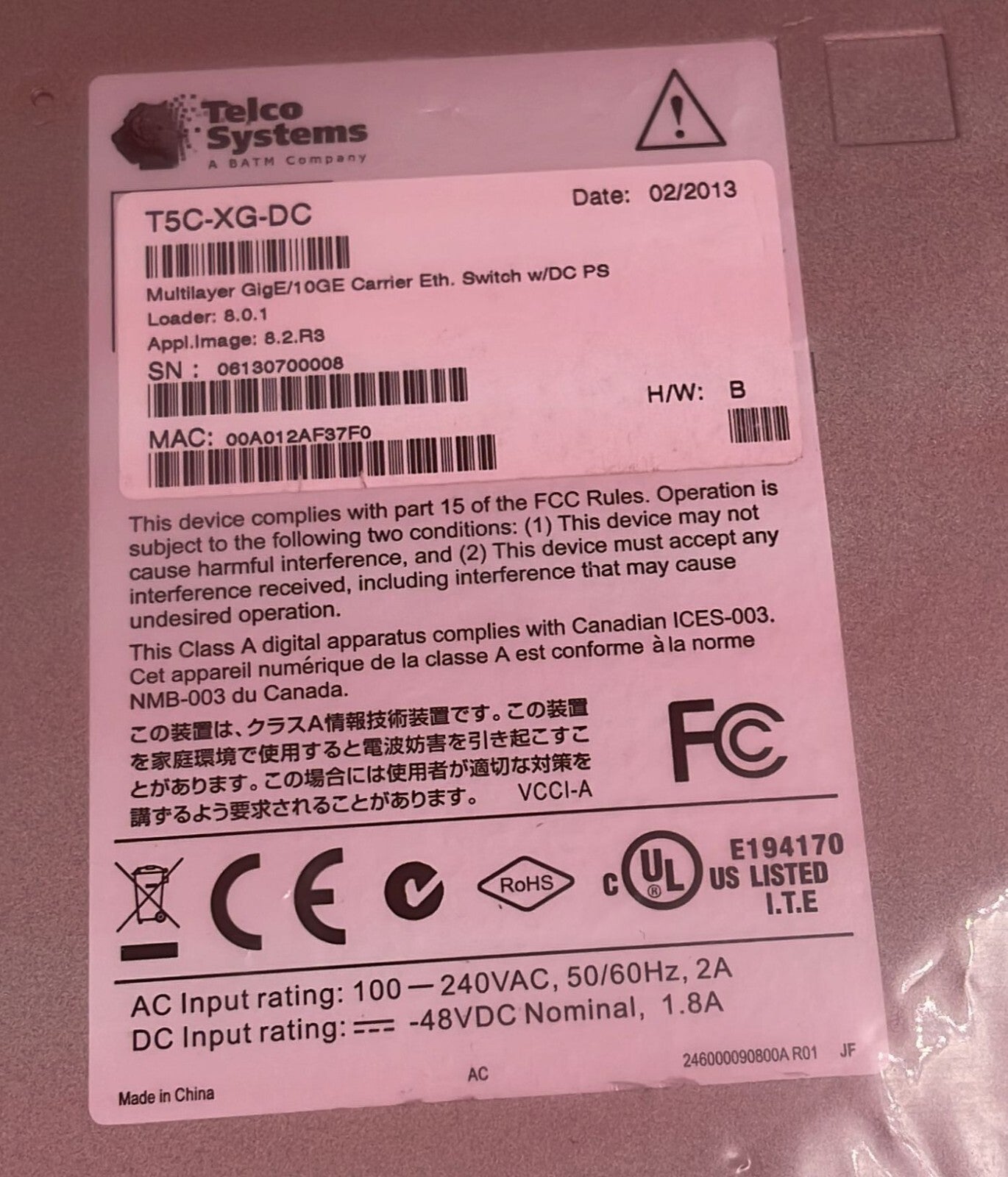 Telco Systems T5C-XG-DC Multilayer Gige/10GE Carrier Ethernet Switch W/ DC PS