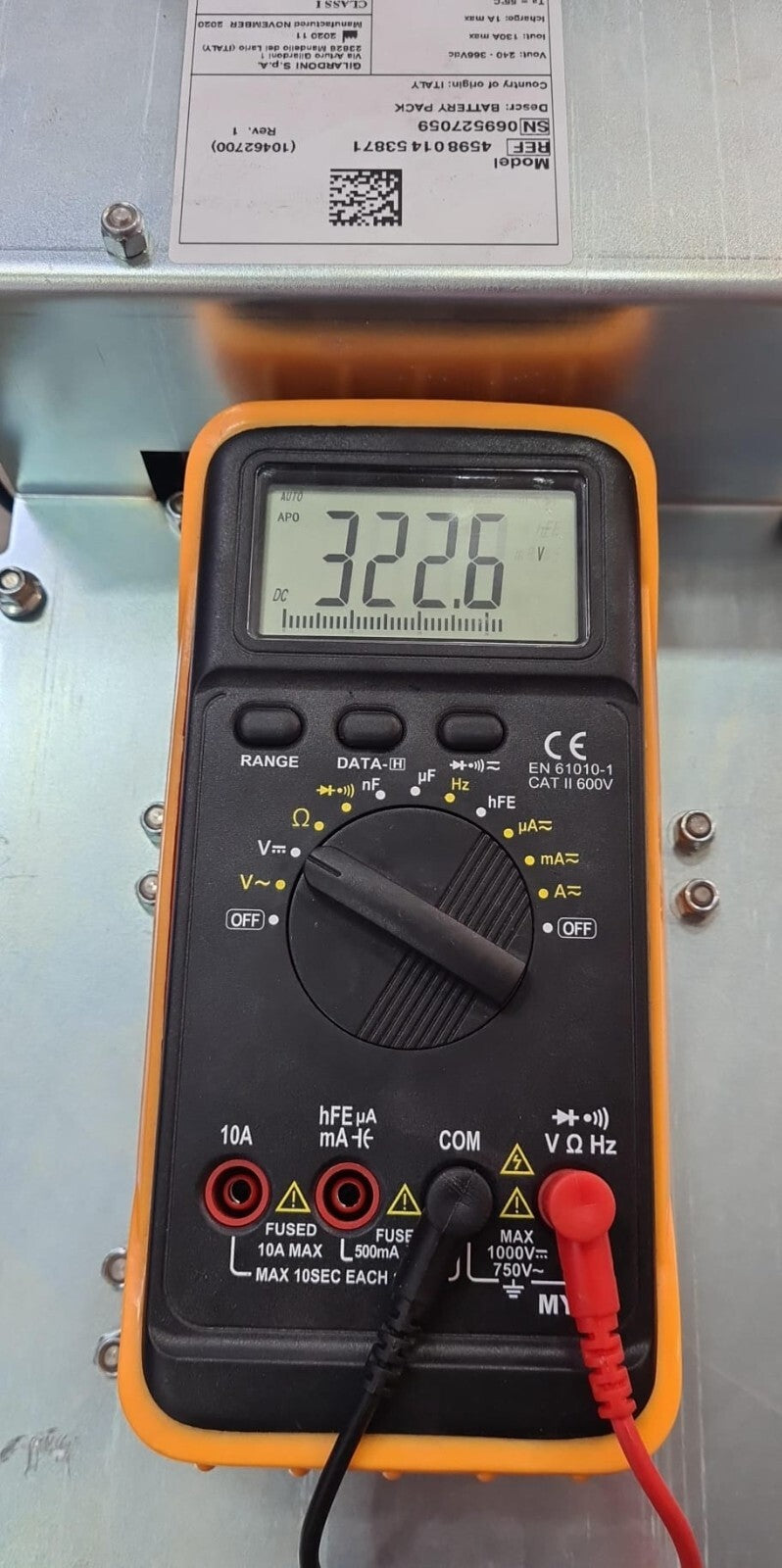 Gilardoni battery pack multimeter voltage display close-up