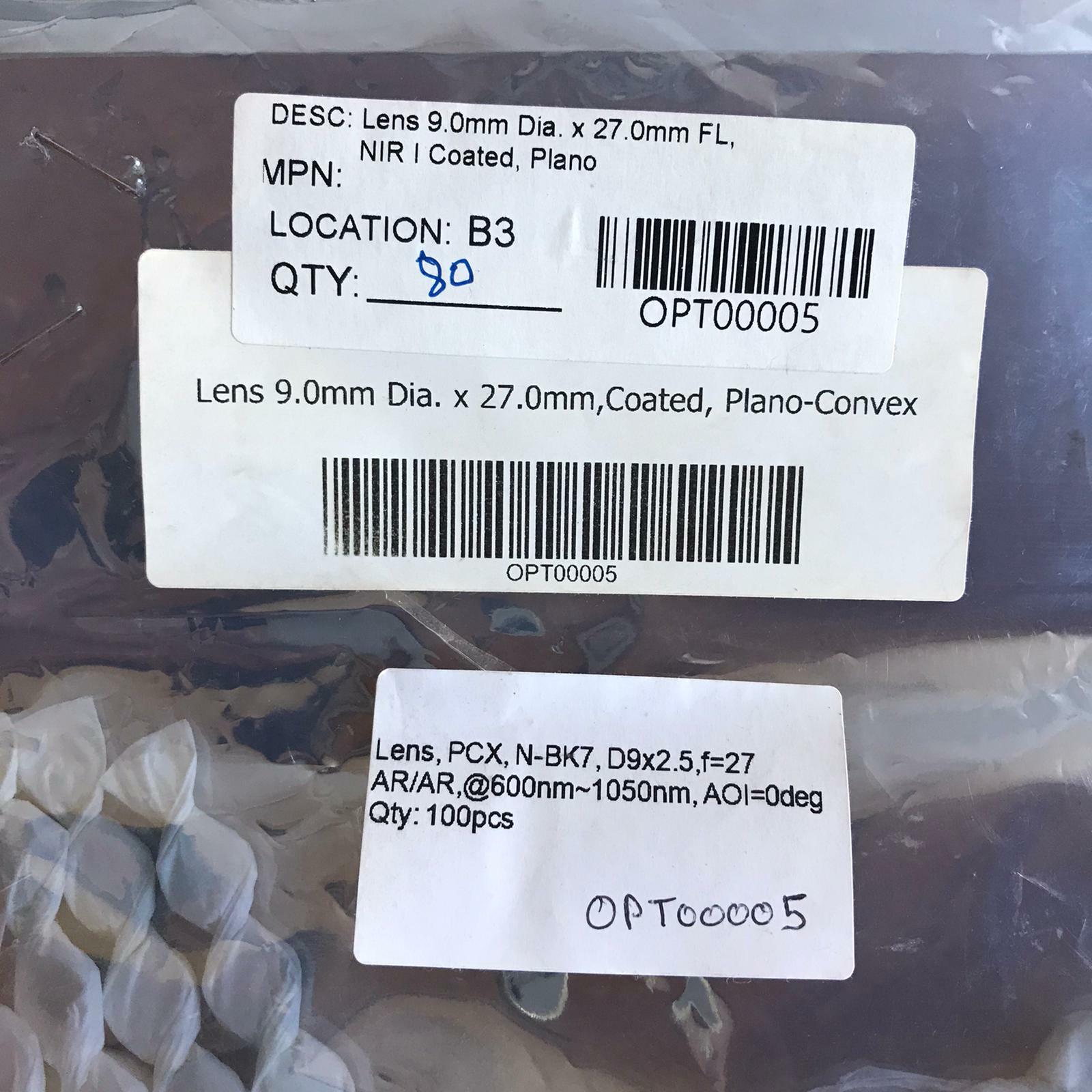 80Pcs Lens 9MM PCX N-BK7  F=25 600N~1050NM  Coated Piano AOI+0deg AR/AR