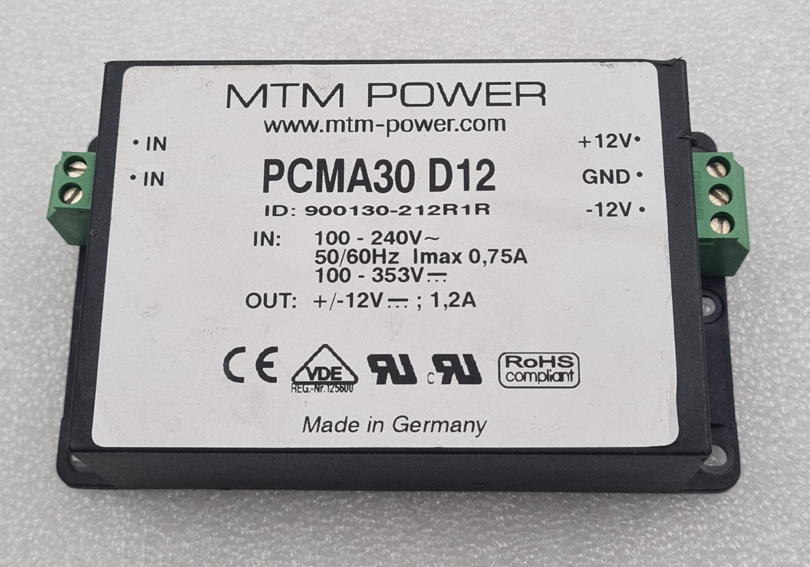 MTM POWER PCMA30 D12 900130-212R1R Enclosed Isolated Power Supply 100-240V