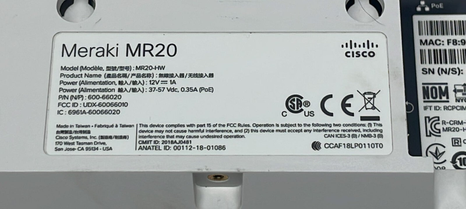Cisco MR20-HW 600-66020 Meraki MR20 Cloud Managed Access Point
