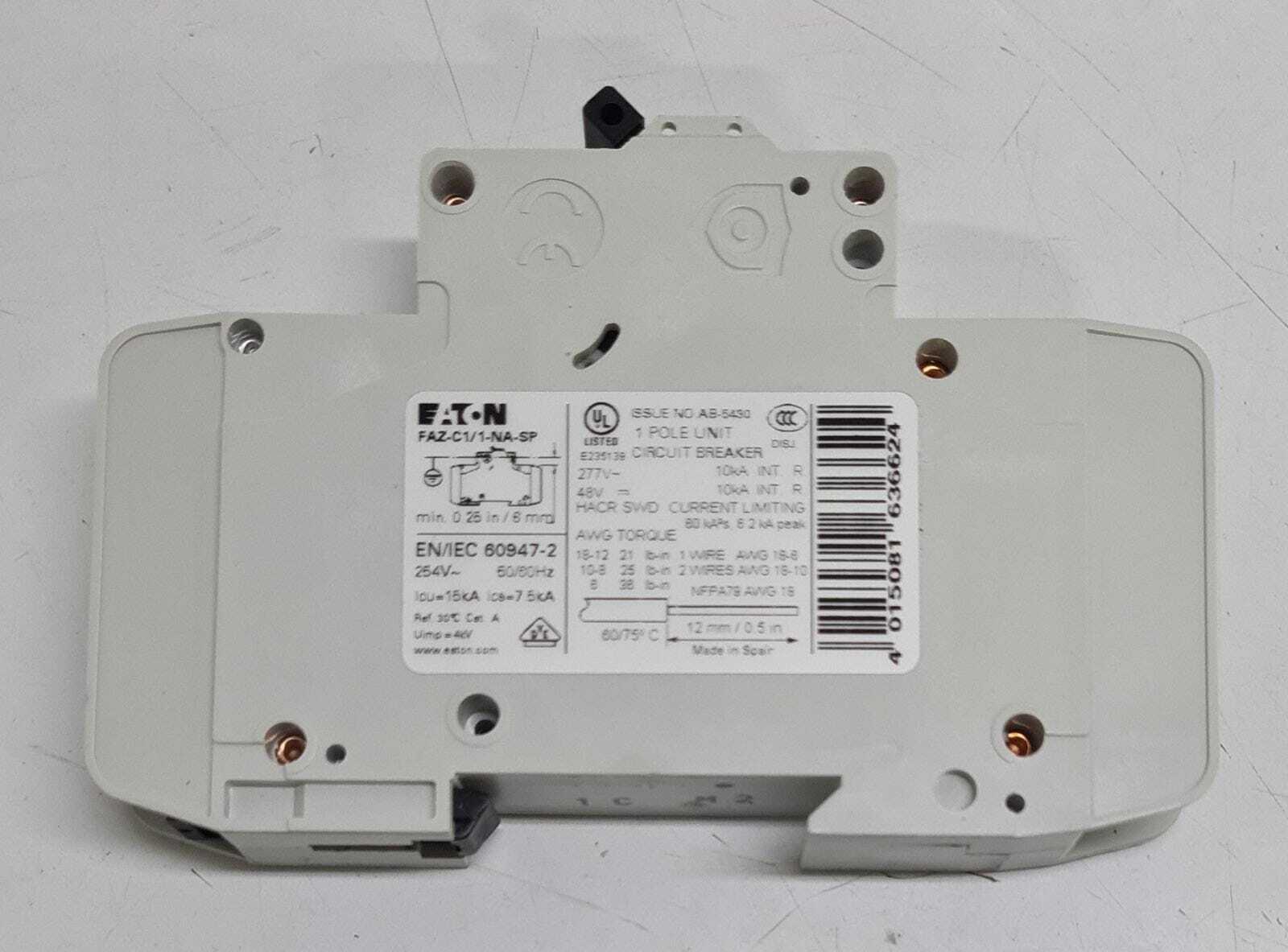 [LOT OF 2 PCS] NEW - EATON FAZ-C1/1-NA-SP Circuit Breaker 167165 1-POLE 1A C
