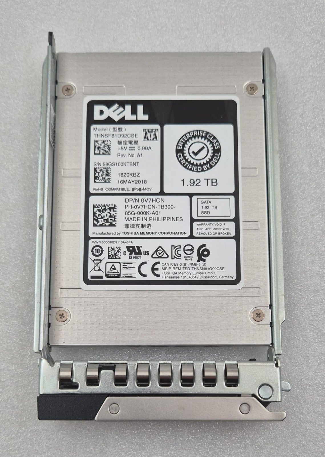 Dell 0V7HCN 1.92TB SATA 2.5 inch enterprise solid state drive THNSF81D92CSE with Dell server tray