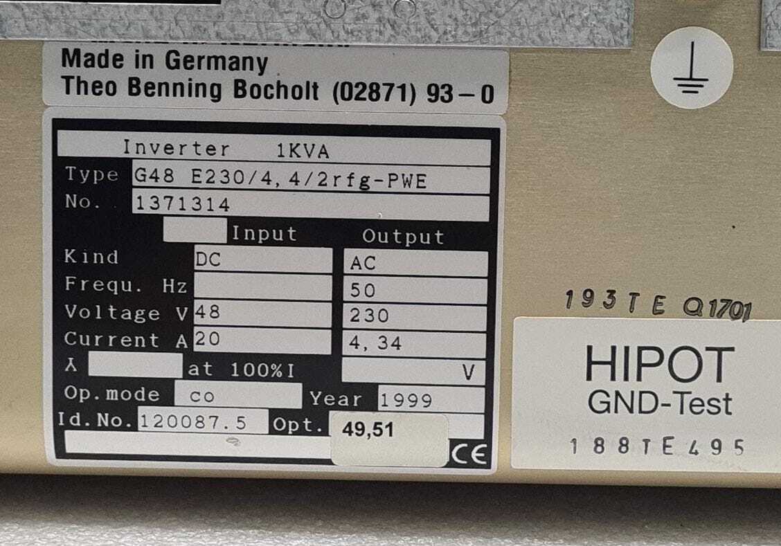 Benning TEBEVERT 1000VA Inverter 1KVA G48 E230/4,4/2rfg-PWE 120087.5
