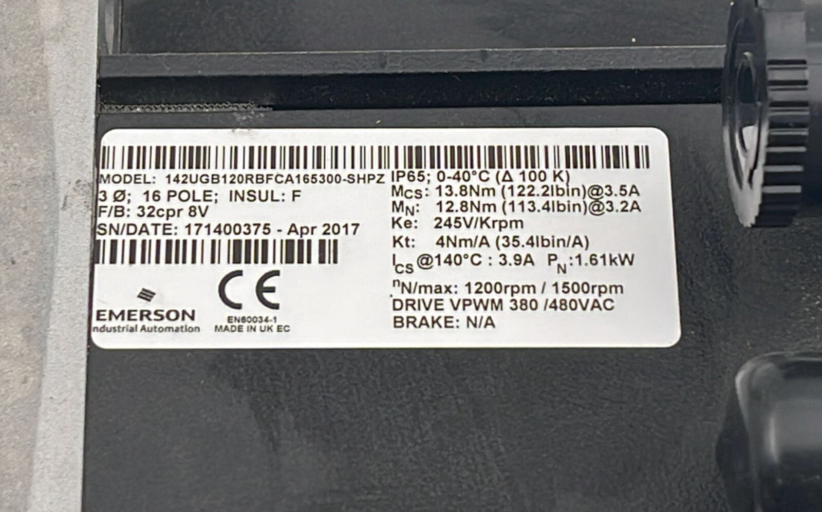 Emerson Control Unimotor  142UGB120RBFCA165300-SHPZ Servo Motor 380/480 VAC