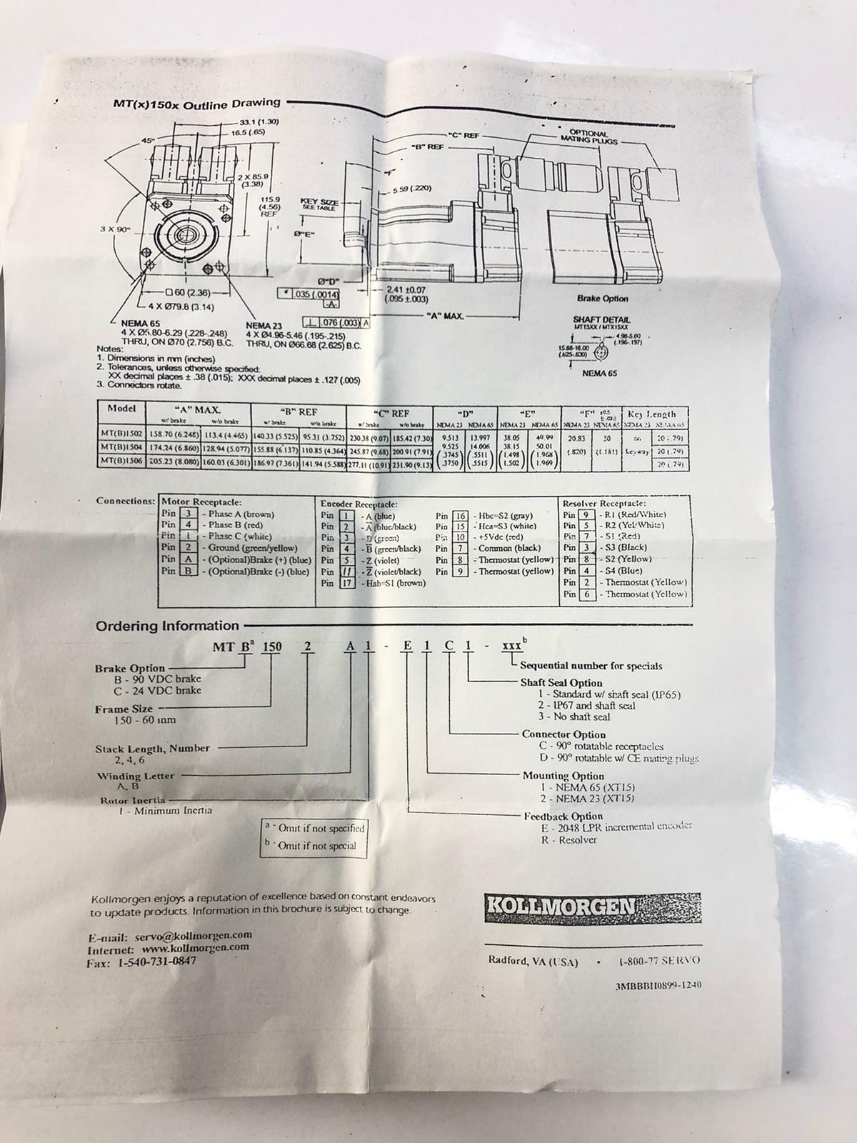 Kollmorgen Goldline MT1502A1-E2V1 XT 6000Rpm Servo Motor