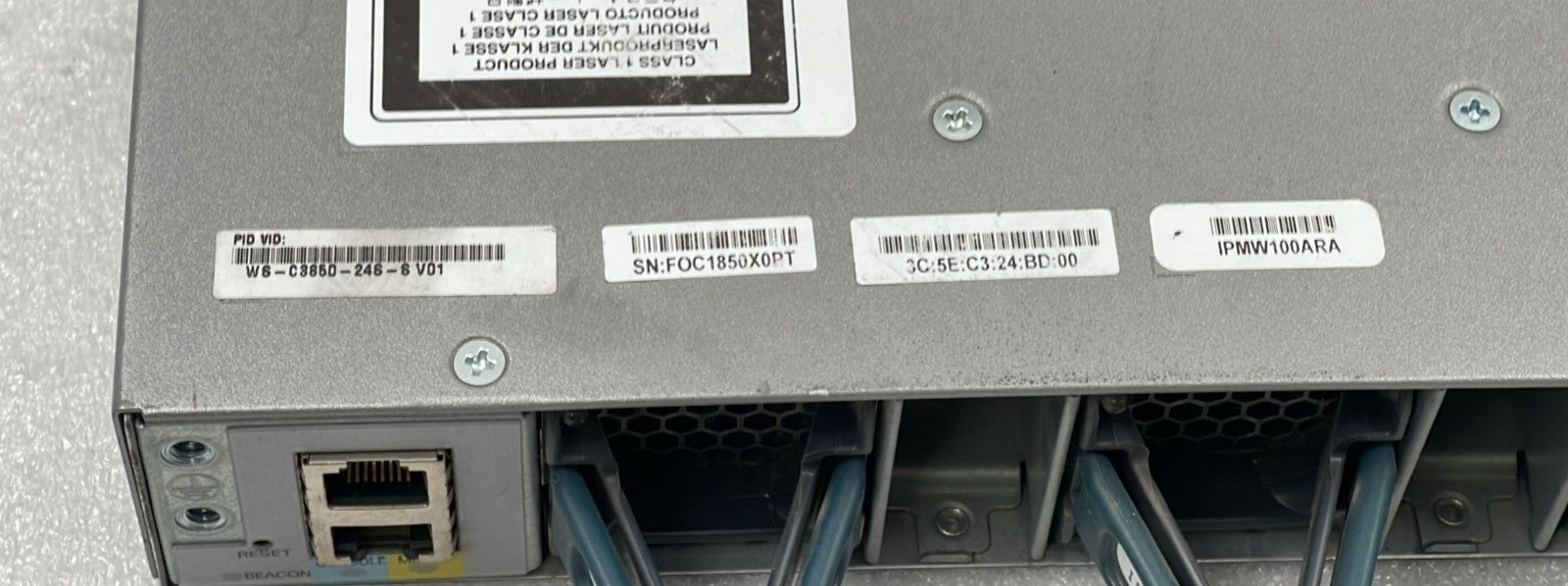 Cisco WS-C3850-24S-S label and serial tag close-up