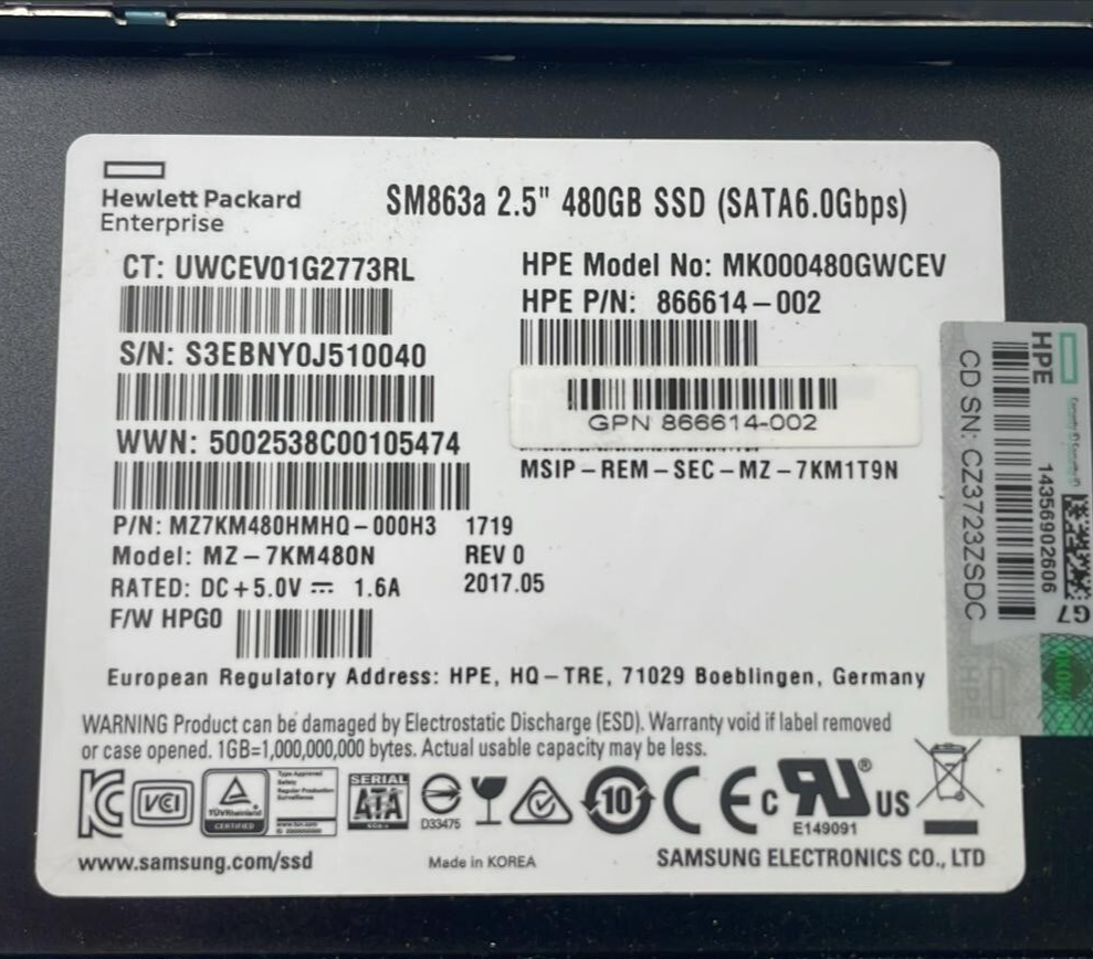 [LOT 4 PCS] HPE 866614-002 480GB SSD SATA 2.5  6G SFF MK000480GWCEV