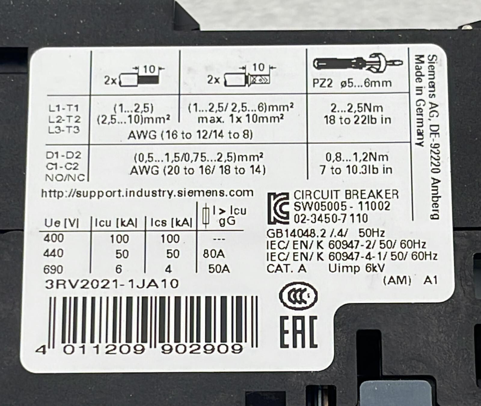 [LOT OF 3] NEW**  Siemens 3RV2021-1JA10 Circuit breaker 7-10A