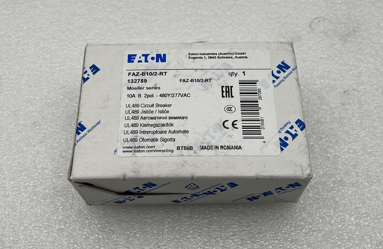 NEW - EATON FAZ-B10/2-RT 132759 Circuit Breaker 10A 2-Pole / Moeller Series