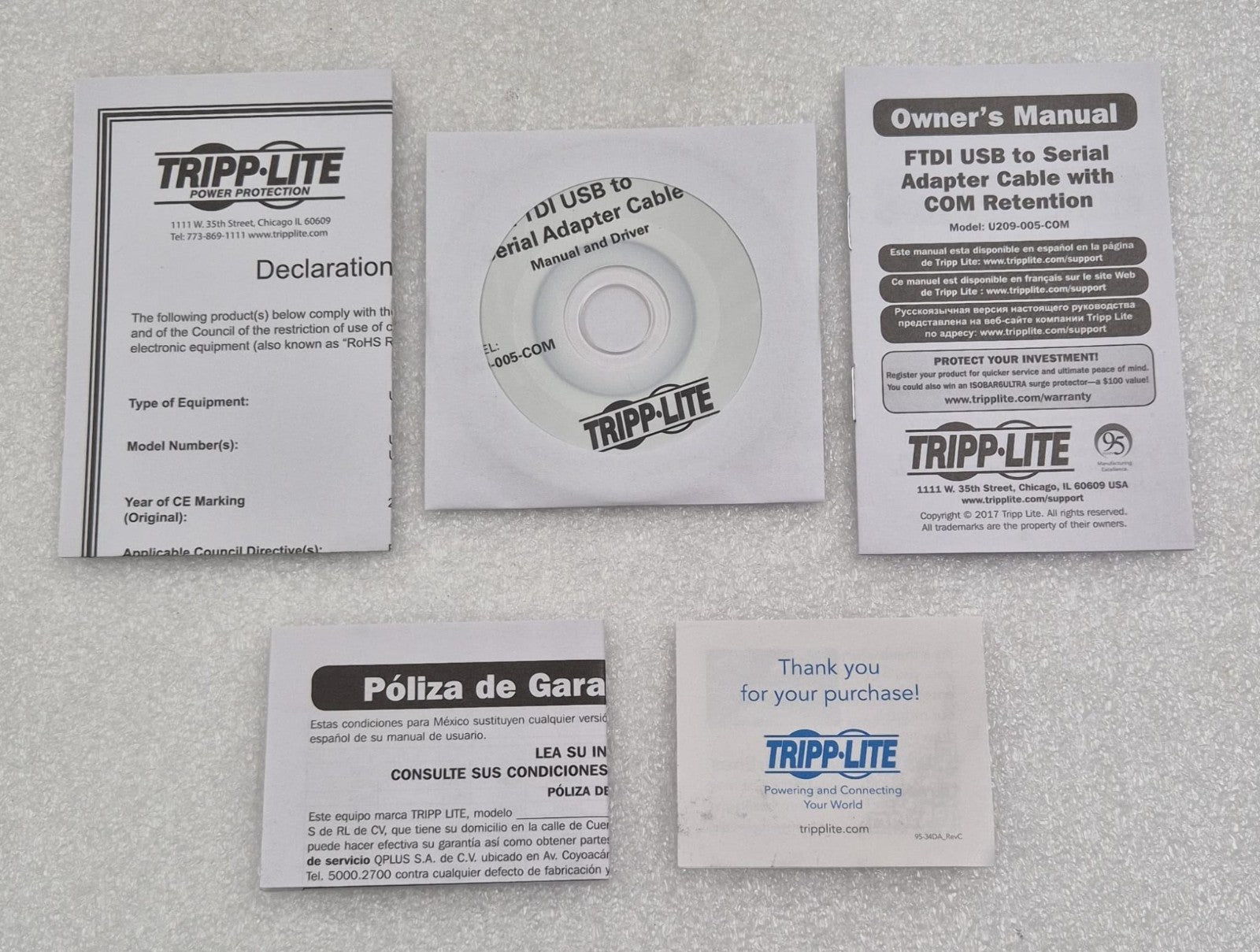 LOT 8- TRIPP-LITE FTDI USB to Serial Adapter Cable W/ COM Retention U209-005-COM