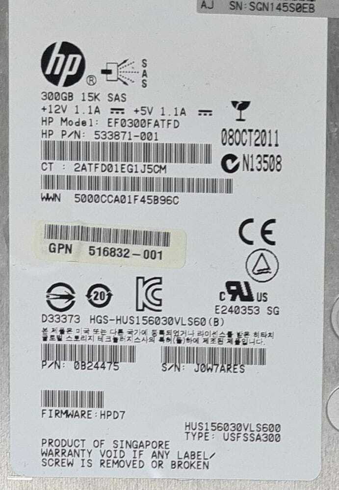 HP 300GB 15K SAS 533871-001 516832-001 6G DP 517350-001 Memory EF0300FATFD