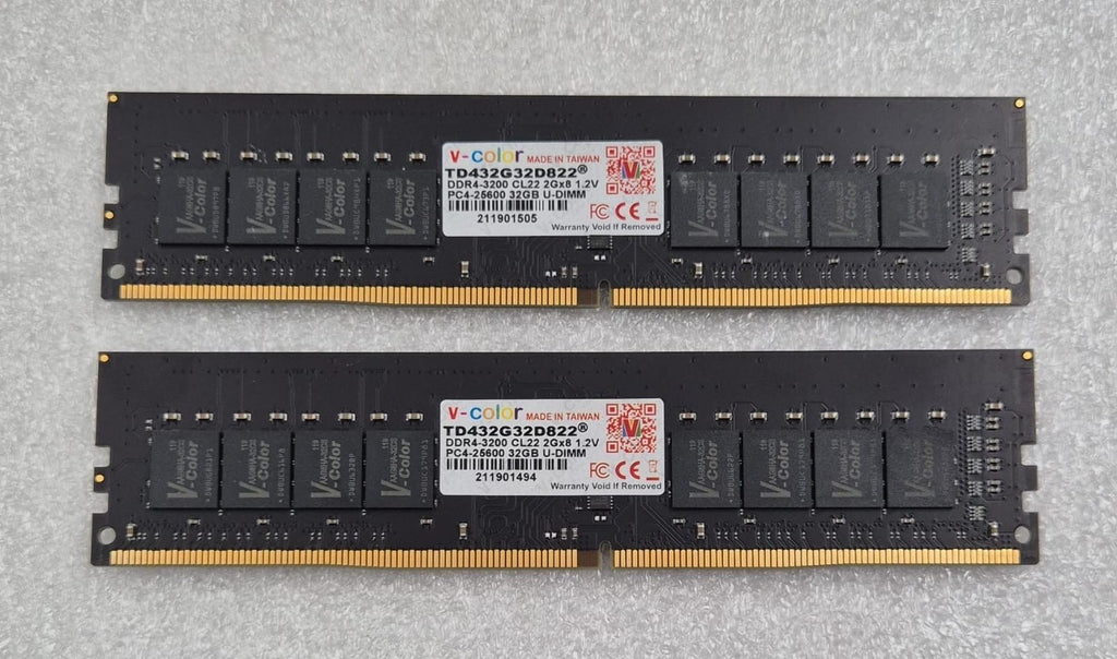 [LOT 2 PCS] V-color TD432G32D822 DDR4-3200 CL22 2Gx8 PC4-25600 32GB U-DIMM RAM