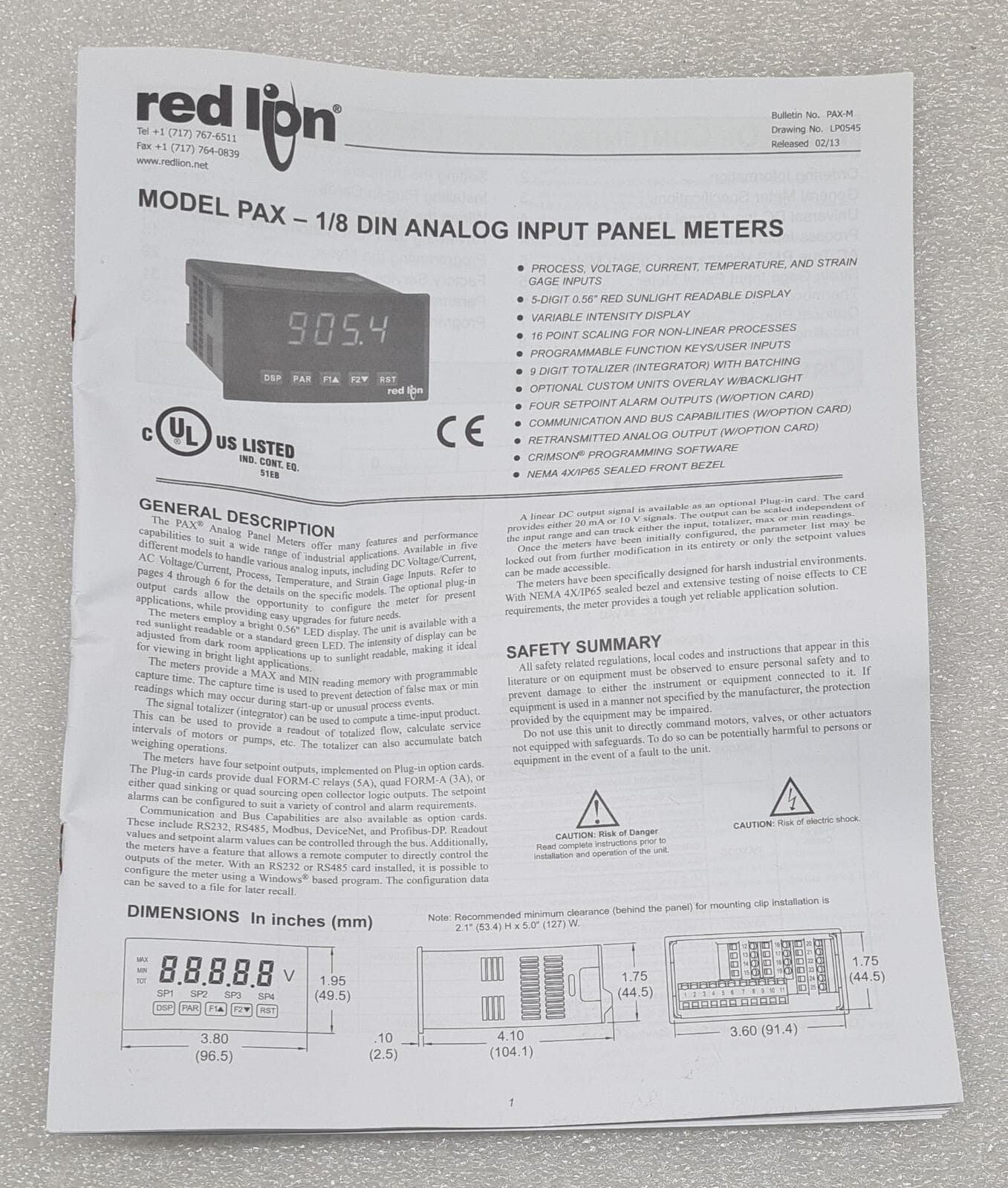 Red Lion PAXS PAXS000U Digital Panel Load Cell Strain Gage Input Meter 1/8 Din