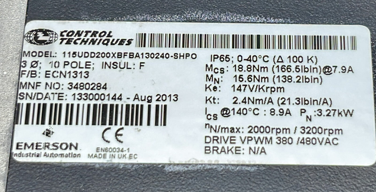 Emerson Control Unimotor 115UDD200XBFBA130240-SHPO Servo Motor 3480284