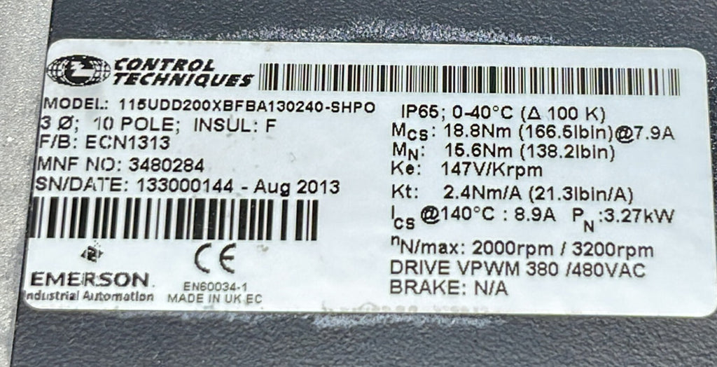 Emerson Control Unimotor 115UDD200XBFBA130240-SHPO Servo Motor 3480284